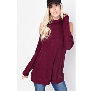 143 Story Burgundy Cold Shoulder Turtle Neck Top TK629